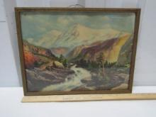 Vtg Framed Glass Front Print Of Mountains And River