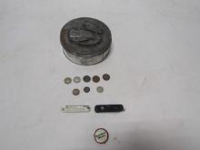 2 Silver Mercury Dimes, A Steel Penny, 2 Wheat Pennies, 2 Foreign Coins, A Long Beach Lines