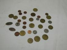 Lot Of 32 Tokens, Foreign Coins And American Coins Including A Buffalo Nickel