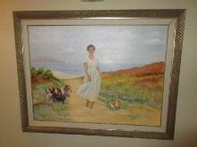 Commissioned Portrait Refined Genteel Woman on Beach with Her Dogs on Canvas, Gorgeous