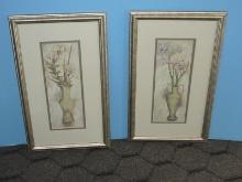 Pair Still Life Lilies in Vases Art Prints Antiqued Patina Frame/Mat- 11 1/2" x 20"