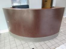 Curved Front Reception Desk w/ Shelves, Drawer and Door Simulated Burled Walnut Grain