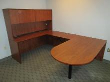 Executive Office President's L Shape 3 pc. Desk w/ Upper Cabinets Simulated Cherry Wood Grain