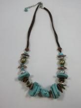 Designer Statement Navajo Stylized Chunky Turquoise Beaded Necklace w/Accents & Leather