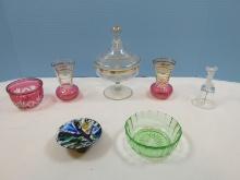 Lot Depression Uranium Glass 4" Round Bowl, Pair Bartlett Collins 4" Cranberry Flash Bulbous