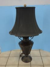 European Stylized Urn Form 36" Table Lamp Scroll Double Handles & Footed Base Black Shade