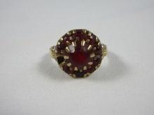Cmm 10K Yellow Gold Art Deco Stylized Dome Cocktail Ring w/Simulated Ruby Stones,Size 4 3/4