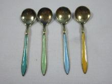 Exquisite Set of 4 Norway Sterling Enamel Salt Cellar Spoons 2 1/2" 4 Various Colors
