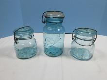 Lot 2 Atlas E-Z Seal and Ball Ideal Blue Glass Mason Canning Jars w/ Wire Lock and Glass Lids