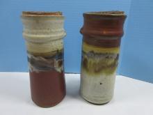 2 Pottery Stoneware Cylinder Canisters 9 1/4" w/ Cork Stoppers Base Signed Multi Color