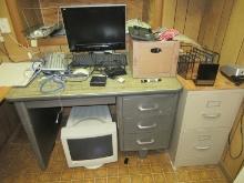 Lot Vintage Metal Office Desk-29 1/2"H x 44" x 30", Keyboards, Calculator, Monitors, 2 Drawer