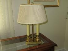 Brass French Inspired Bouillotte Double Candlesticks 19" Table Lamp w/ Oval Shade