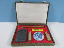 Treasures of The Study Chinese Calligraphy Set 2 Carved Foo Dog Figural Soap Stones, Brushes