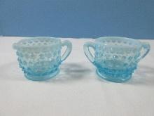 2 pcs. Fenton Blue Opalescent Glass Hobnail Pattern 1 7/8" Individual Creamer and Open Sugar