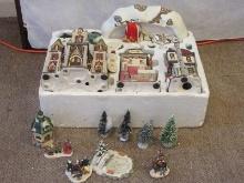 Trim A Home Bisque Porcelain Dickens Village Set Ice Rink w/Skaters, 3 Buildings Lighted &