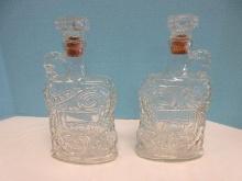 2 Vintage Pressed Glass "Old Forester" Bourbon Whiskey Decanter Bottles Cork Stopper 11 1/2"