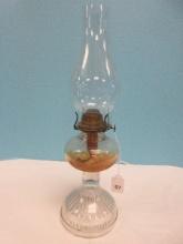 P & A Mfg. Pressed Glass Pedestal 17 1/2" Kerosene Oil Lamp Etched Grapevine Chimney