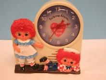 Equity 1974 Janex Corp. Raggedy Anne & Raggedy Andy Talking Alarm Clock "I Love You" Molded