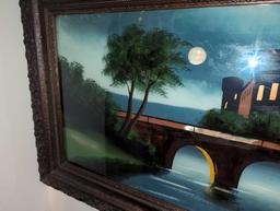 (BR2) ANTIQUE REVERSE PAINTING ON GLASS DEPICTING A CASTLE OVERLOOKING A BRIDGE WITH THE MOON IN THE
