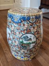 CHINESE PORCELAIN PLANT STAND. FLORAL DETAILING WITH VILLAGE SCENES, CHINESE SYMBOLS & CHERRY