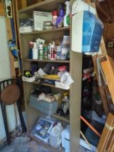 (GAR) SHELF LOT OF MISCELLANEOUS ITEMS TO INCLUDE, 4 TIER METAL GARAGE SHELF, NAILS, CHEMICALS, CAR