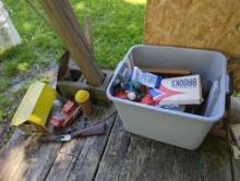 (SHED) TOTE LOT OF MISCELLANEOUS ITEMS TO INCLUDE, TIN TOYS, BULLDOZER, BARN, WINCHESTER CAP GUN,