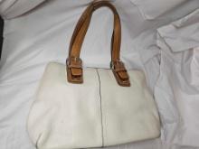 White and Brown Leather Coach Bag. Measures approx. 5.5 x 15 x 11