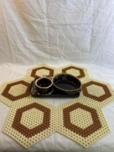 Vintage Brown and Cream Place Mats and Serving Set.