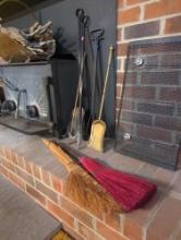 (LR) LOT OF 5 FIREPLACE TOOLS, 2 POKERS, COAL 2 SHOVELS, AND A GRABBER. INCLUDES 2 DECORATIVE BROOMS