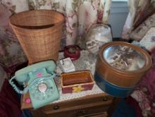 (DBR2) LOT OF MISC. TO INCLUDE: A VINTAGE BELL SYSTEM ROTARY PHONE, SM. HANDMADE POTTERY FLOWER BOX,
