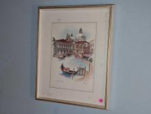 (DBR2) FRAMED LITHOGRAPH DEPICTING THE VENICE CANAL, SIGNED GLORIANA. DISPLAYED IN A WHITE/GOLD