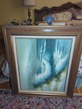 (MBR) LOT OF 3 FRAMED PAINTED CANVASES, FLOWER PAINTING MEASURES 31" L X 19" W, OCEAN WAVES PAINTING