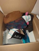 (UPBR1) 2 BOX LOT OF MISCELLANEOUS WOMEN'S CLOTHES, SHIRTS, SWEATERS, SOCKS SHOES, ETC