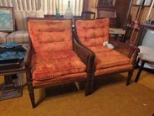 (LR)PAIR OF MCM ARM CHAIRS, WOOD ARMS WITH CANE SIDES, ORANGE UPHOLSTERY, NEEDS TLC, 26"X31"