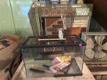 (GAR) LOT OF ASSORTED ITEMS TO INCLUDE, METAL AND PLASTIC BIRD CAGE WITH BIRD PERCHES, FISH/REPTILE