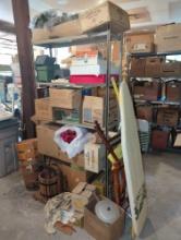(GAR) SHELF LOT OF MISCELLANEOUS ITEMS TO INCLUDE, HOLIDAY ITEMS. KITCHENWARE, MASHER. , CHAIR, ETC
