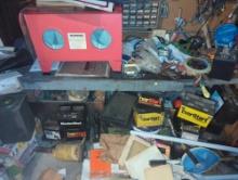 (GAR) LARGE LOT OF MISCELLANEOUS ITEMS TO INCLUDE, SAND BLASTING ENCLOSURE, HARDWARE, BATTERIES,