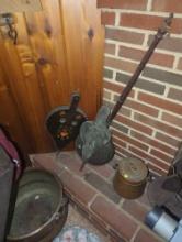 (BAS) LOT OF MISCELLANEOUS ITEMS TO INCLUDE, CAST IRON FOOTED SKILLET, SAD IRONS, CAULDRON, ETC, SEE