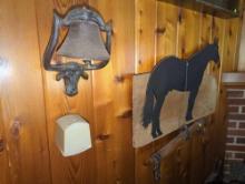 (BAS) LOT TO INCLUDE, 10" WALL MOUNTED BELL. 31 1/4" HORSE SILHOUETTE MOUNTED ON WOOD BOARD