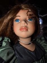 (GAR) William Tung "Gabriella" Porcelain Doll with Red Hair and Blue Eyes Wearing a Green Dress with