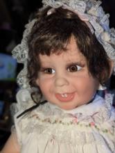 (GAR) Brown Haired and Brown Eyed Porcelain Doll Wearing a White Dress with Flower Trim by Neckline