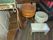 (SBD) LOT OF ASSORTED ITEMS TO INCLUDE, CONCRETE PLANTER, WOODEN TRI POD PLANT STAND, WHITE METAL