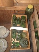 (GAR) Lot of Assorted Green Glass Bottles Including Fish Liquor Bottle, Crass Pale Dry Ginger Ale