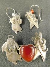 Sterling Silver - 925 - Pierced Earrings and Brooch Set - Devil and Angel - Cornelian
