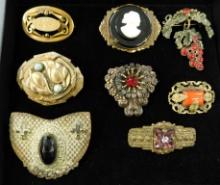 8 Pieces of Victorian Costume Jewelry Brooches