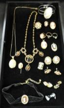 Tray Lot of Costume Cameo Jewelry - Necklaces - Bracelets - Rings - Earrings - Brooches