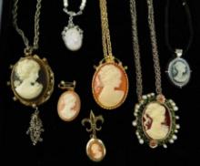Tray Lot of Costume Cameo Jewelry - Necklaces and Brooches