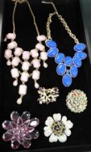 Tray Lot of 6 Costume Jewelry Pieces - 4 Brooches - 2 Necklaces