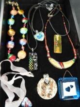 Tray Lot of Costume Jewelry - Art Glass - 7 Necklaces - 2 Pendants