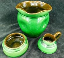 Group of 3 Green Glaze Pottery Pieces